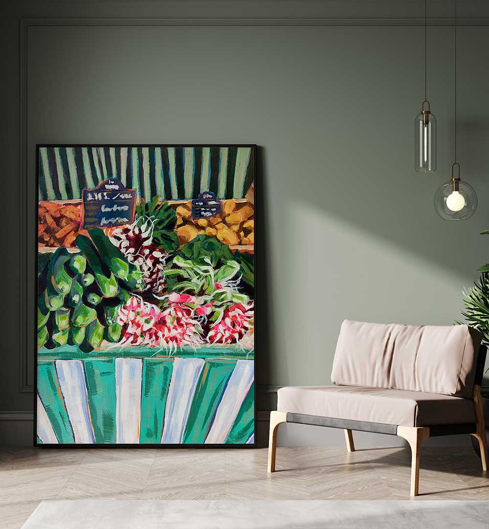 RAVISHING RADISHES , KITCHEN POSTERS by Food Bask — illustrated radish market poster with vibrant greens and pinks