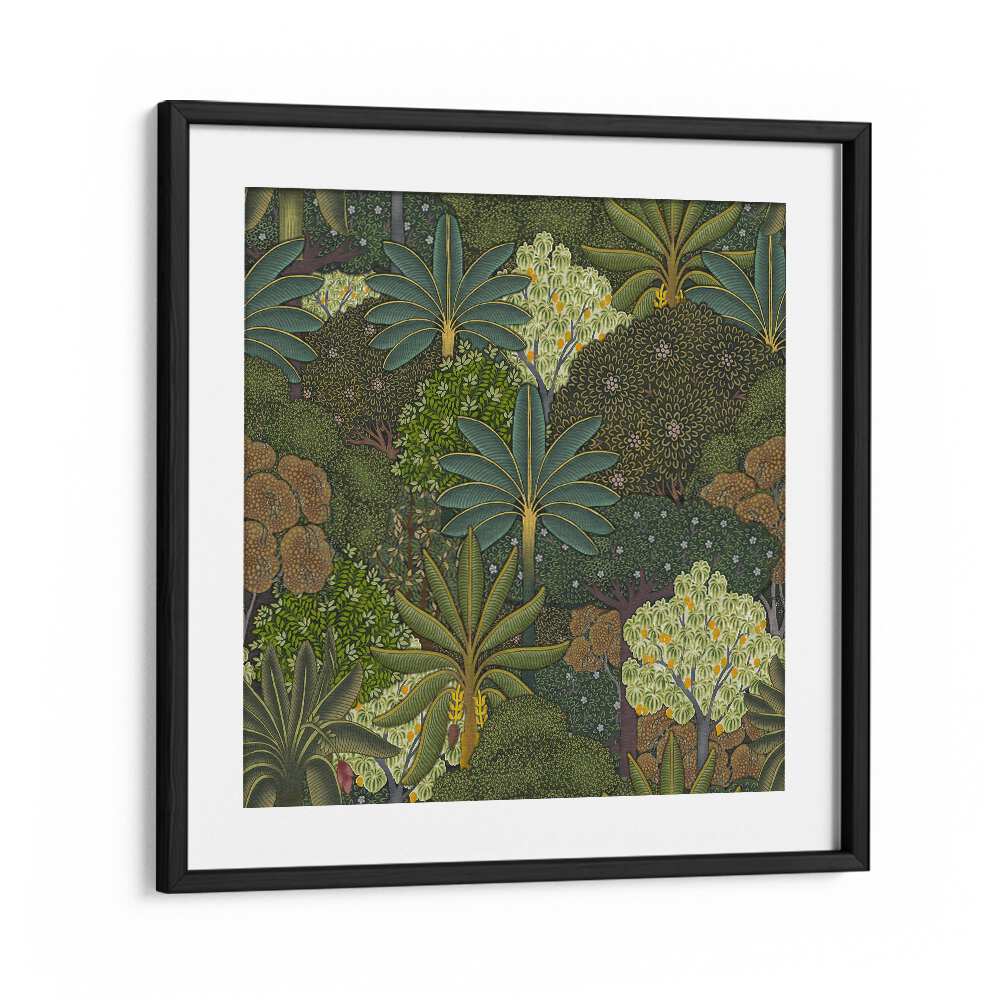 Forest Pichwai - Indian Miniature Botanical Art Print Artwork in Black Frame With Mount