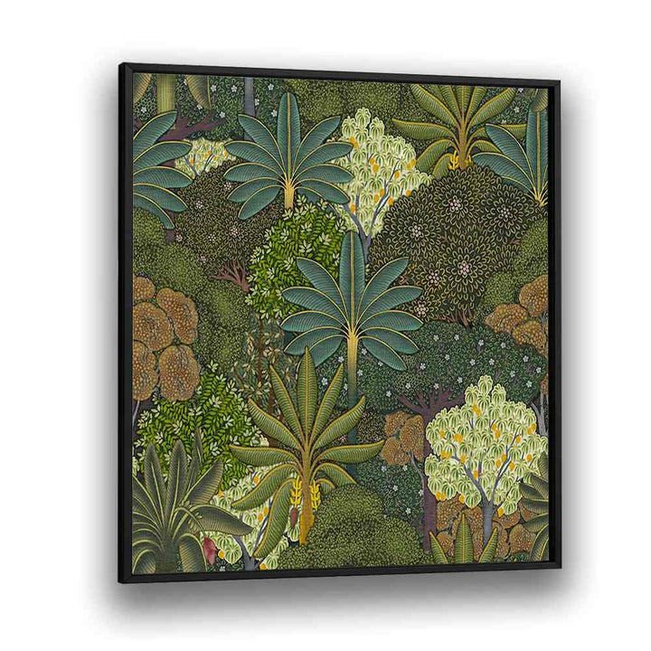 Forest Pichwai - Indian Miniature Botanical Art Print Artwork in Black Plain Frame