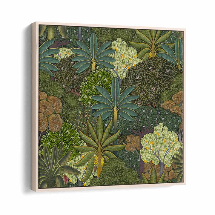 Forest Pichwai - Indian Miniature Botanical Art Print Artwork in Oak Wood Floater Frame