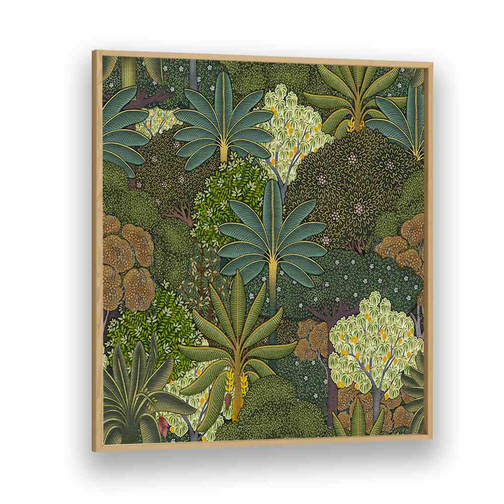 Forest Pichwai - Indian Miniature Botanical Art Print Artwork in Oak Wood Plain Frame