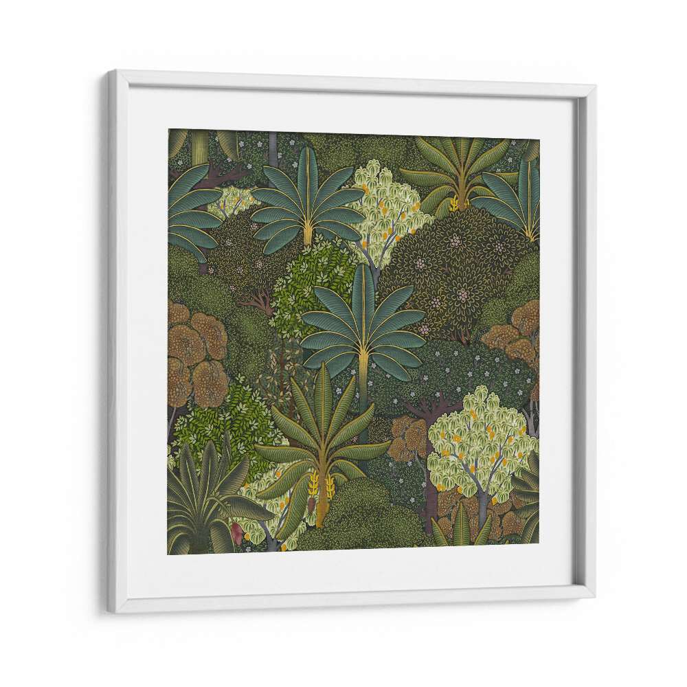 Forest Pichwai - Indian Miniature Botanical Art Print Artwork in White Frame With Mount