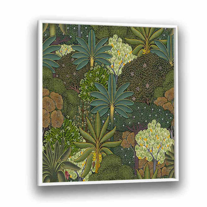 Forest Pichwai - Indian Miniature Botanical Art Print Artwork in White Plain Frame