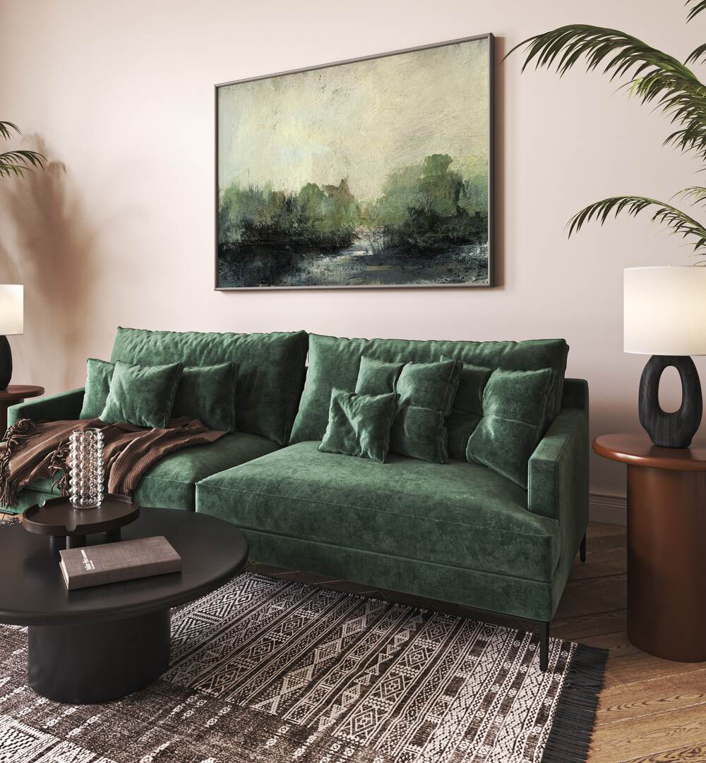 Stylish living room showcasing the serene beauty of FOREST STREAM, ABSTRACT PAINTINGS for a vibrant decor upgrade.