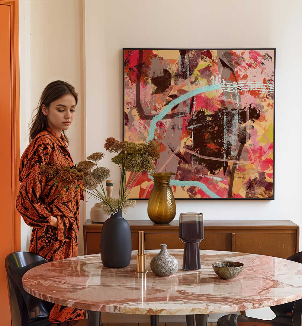 Vibrant FOUR SEASON AUTUMN, ABSTRACT PAINTINGS enhance a stylish living space with enchanting autumn hues.