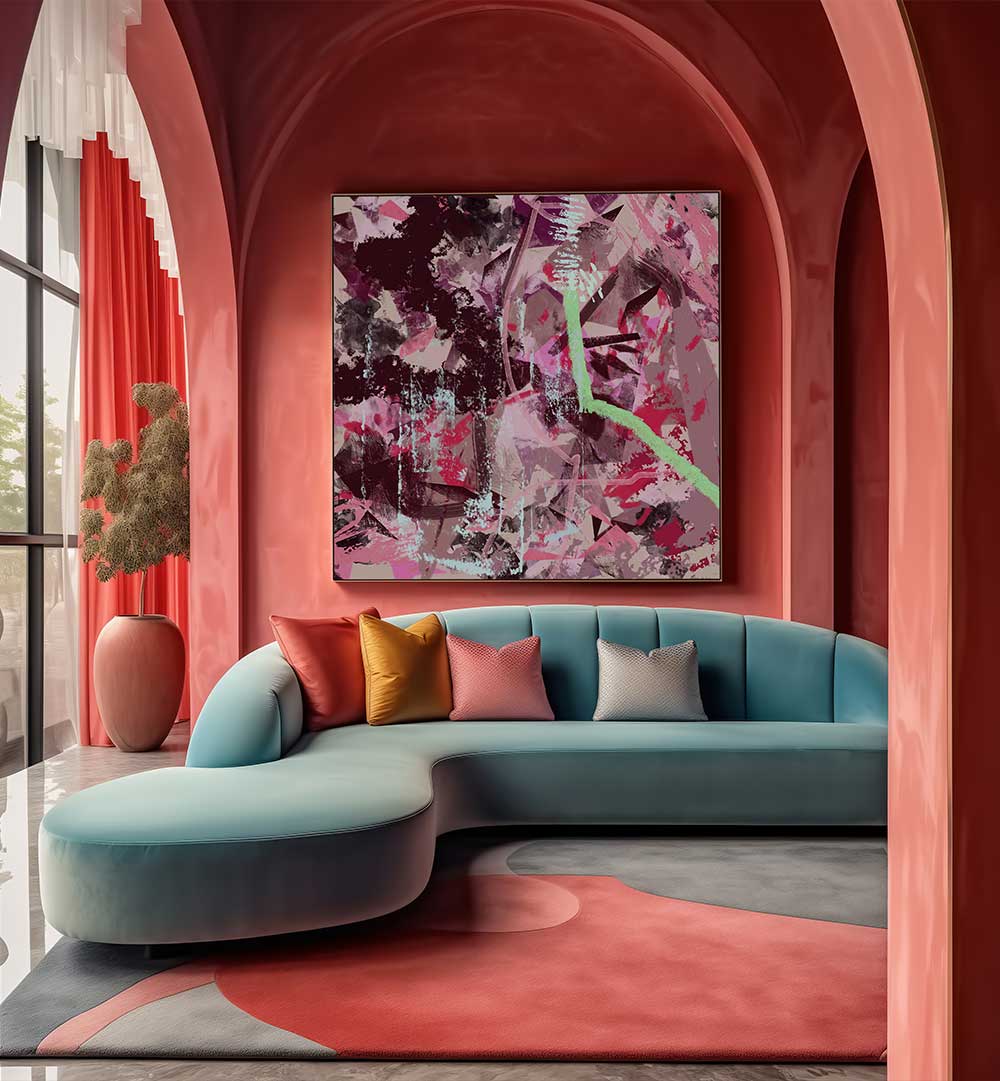 Vibrant FOUR SEASON SUMMER, ABSTRACT PAINTINGS enhance a modern living space with fluid forms and colors.