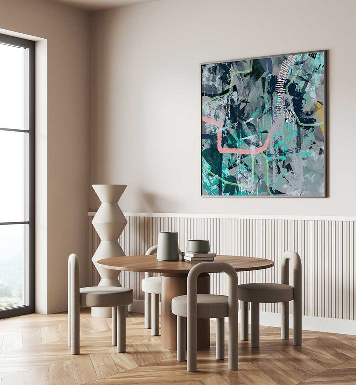 Stunning FOUR SEASON WINTER, ABSTRACT PAINTINGS enhancing a modern dining area with vibrant colors and textures.