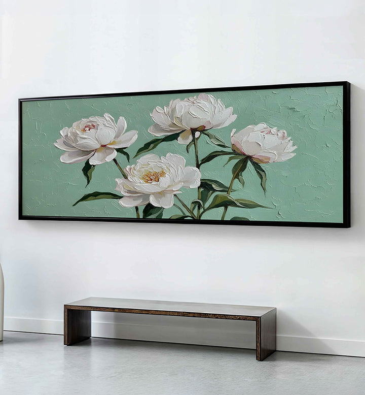 FOUR WHITE PEONIES  , PANORAMIC ART