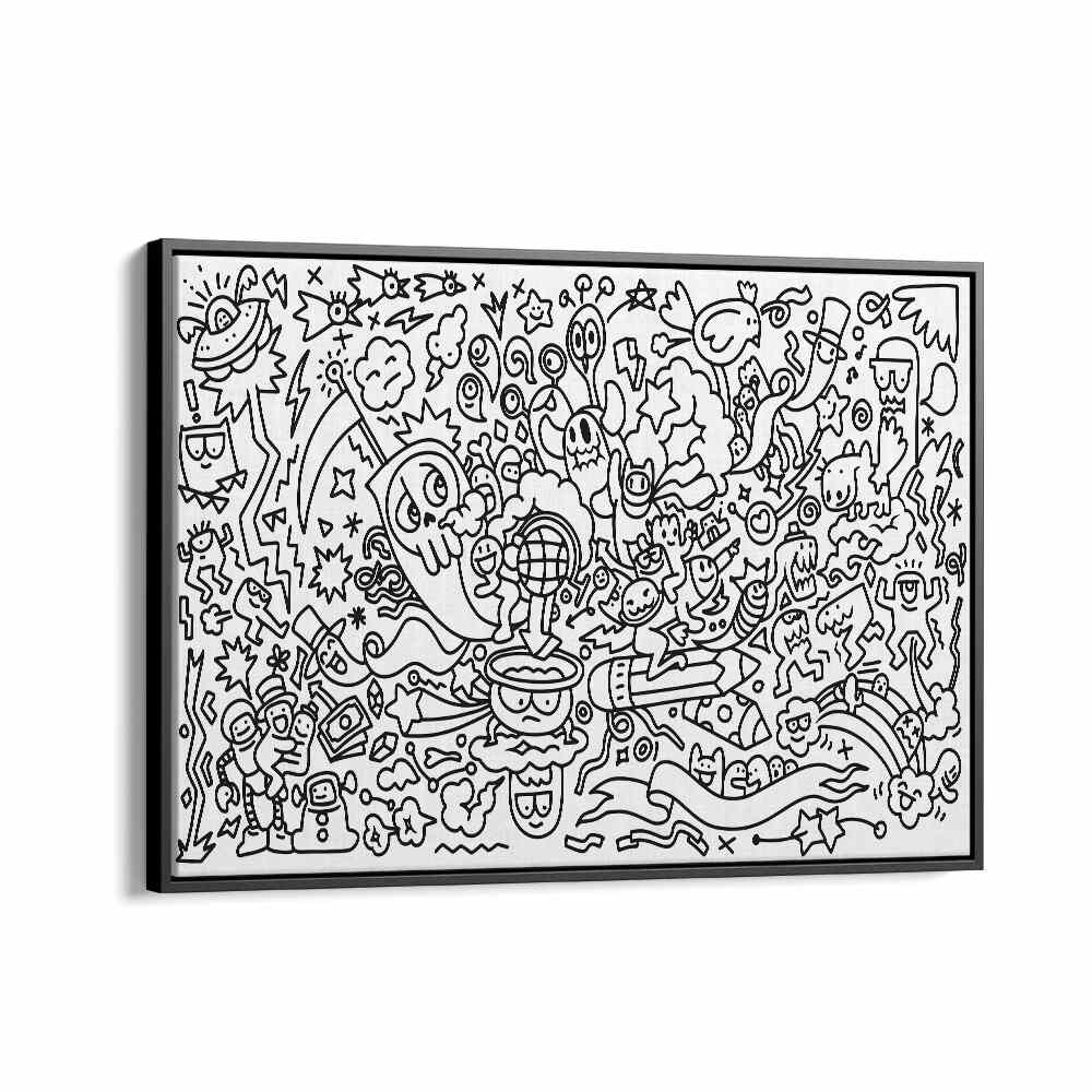 Frantic Fables B&w Doodle Art Artwork in Black Floater Frame