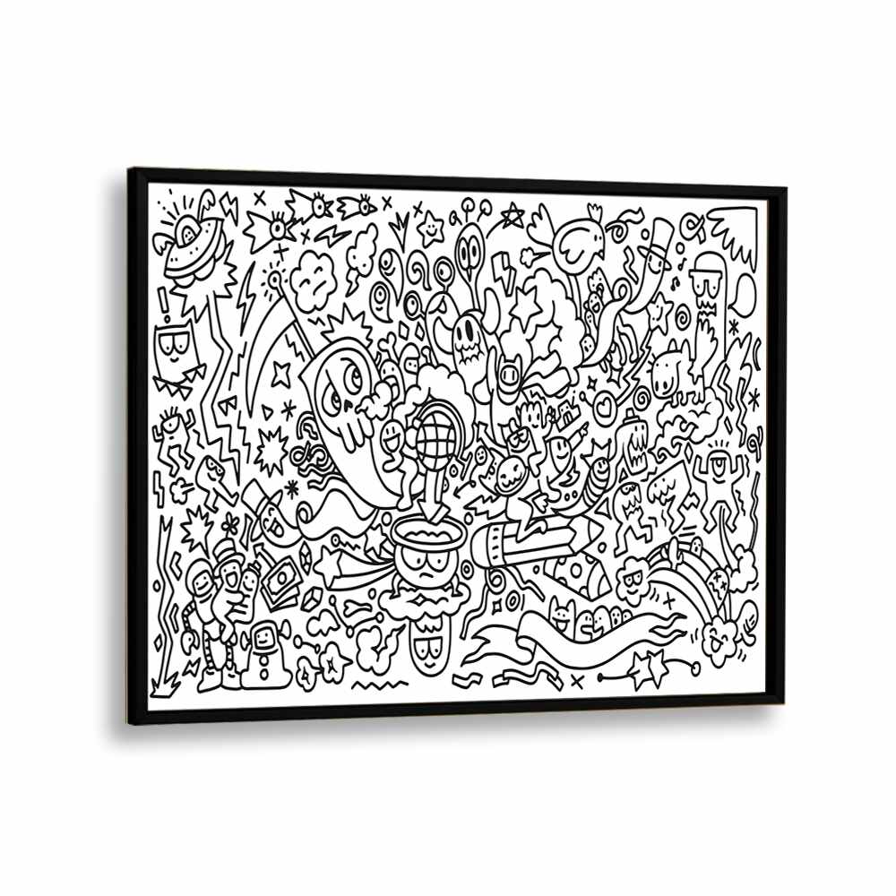 Frantic Fables B&w Doodle Art Artwork in Black Plain Frame