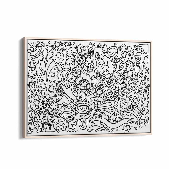 Frantic Fables B&w Doodle Art Artwork in Oak Wood Floater Frame