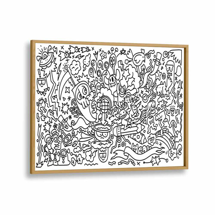 Frantic Fables B&w Doodle Art Artwork in Oak Wood Plain Frame