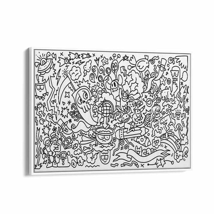 Frantic Fables B&w Doodle Art Artwork in White Floater Frame