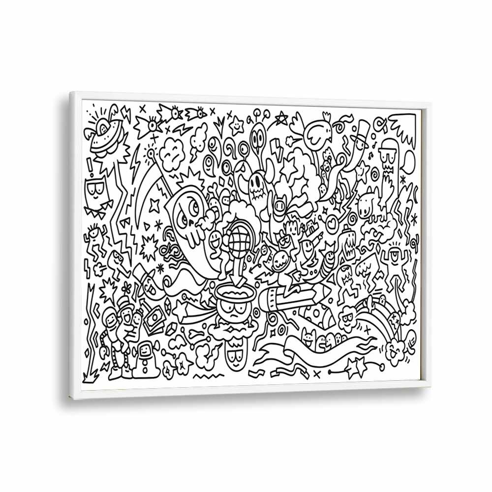 Frantic Fables B&w Doodle Art Artwork in White Plain Frame