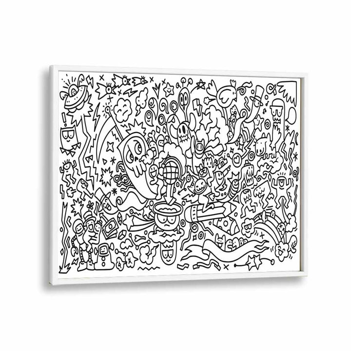 Frantic Fables B&w Doodle Art Artwork in White Plain Frame