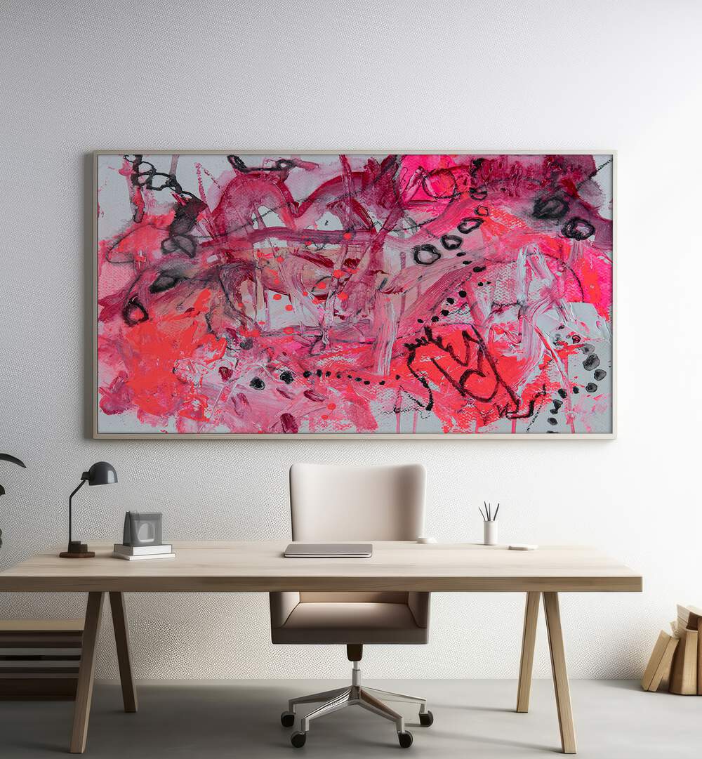 Vibrant FREEDOM OF EXPRESSION, ABSTRACT PAINTINGS enhancing an office space, reflecting individuality and creativity.