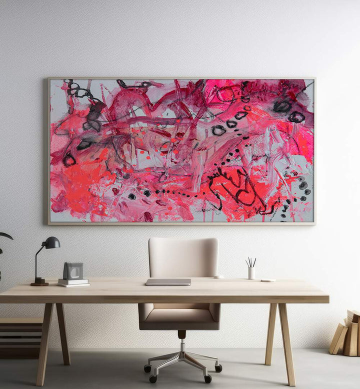 Vibrant FREEDOM OF EXPRESSION, ABSTRACT PAINTINGS enhancing an office space, reflecting individuality and creativity.