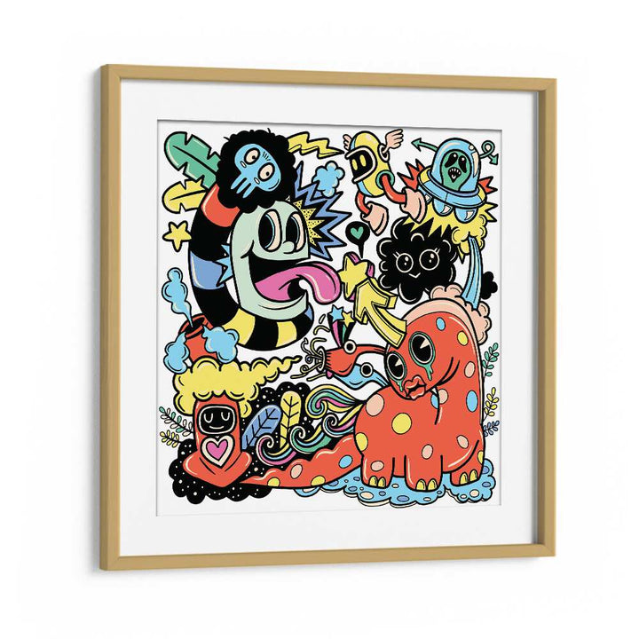 Freeform Fantasy Doodle Art Artwork in Oak Wood Frame With Mount