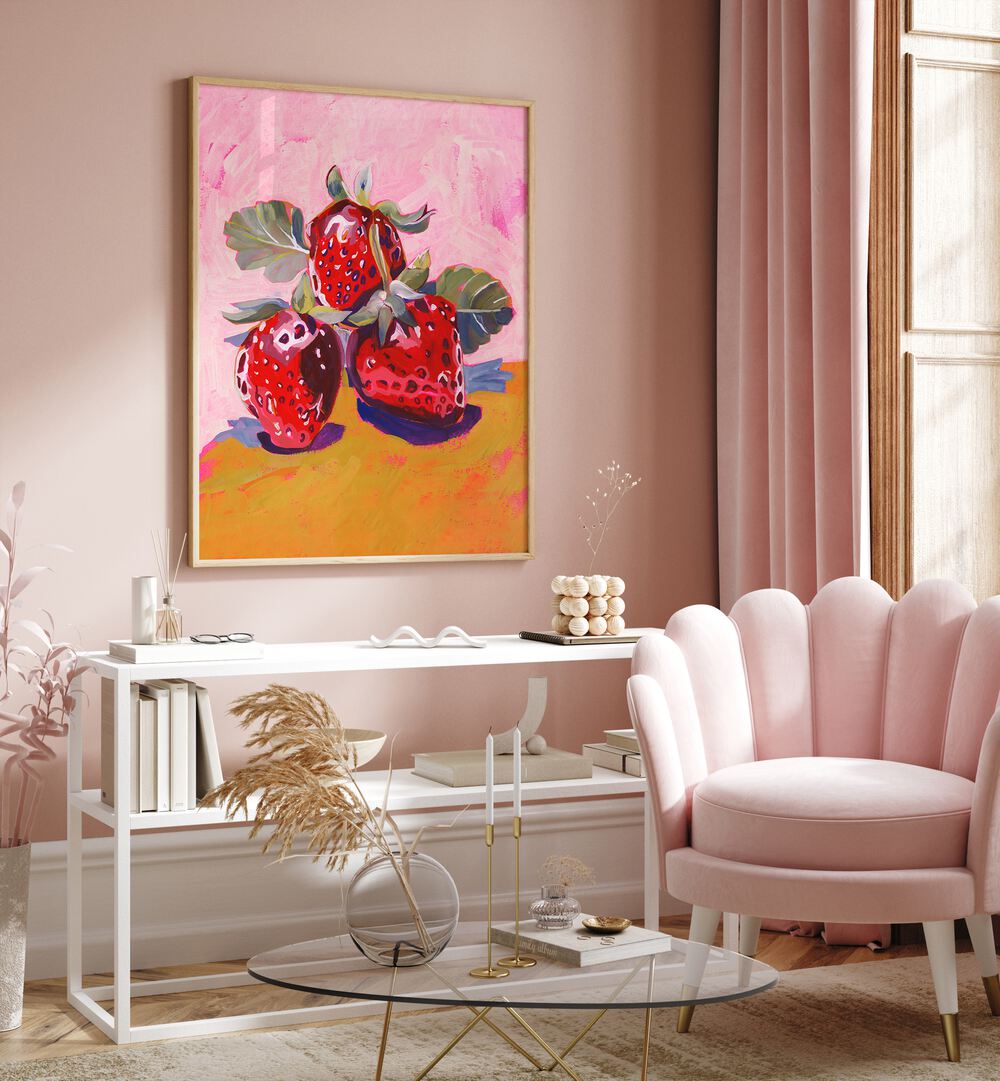 Vibrant FRESH PAINTAINLY STRAWBERRIES artwork brightens up a cozy living space, perfect for any berry lover's home.