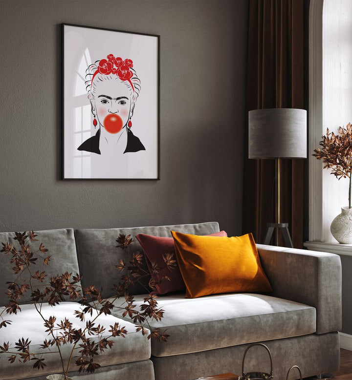 Frida In Red by Martina Fashion Art Artwork in Gallery Wrap Artwork Placed on a wall In A Living Room 