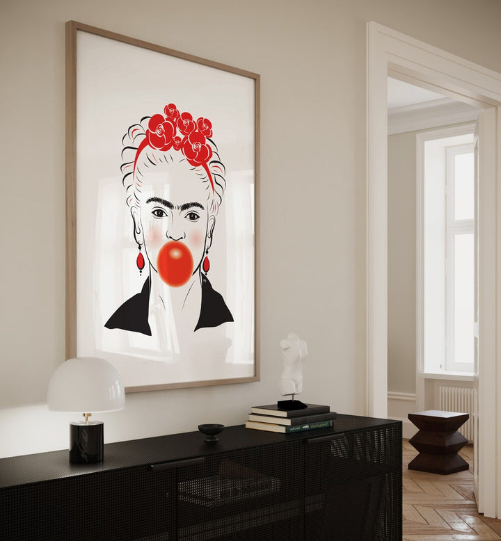 Frida In Red by Martina Fashion Art Artwork in Gallery Wrap Artwork Placed on a wall In A Living Room 