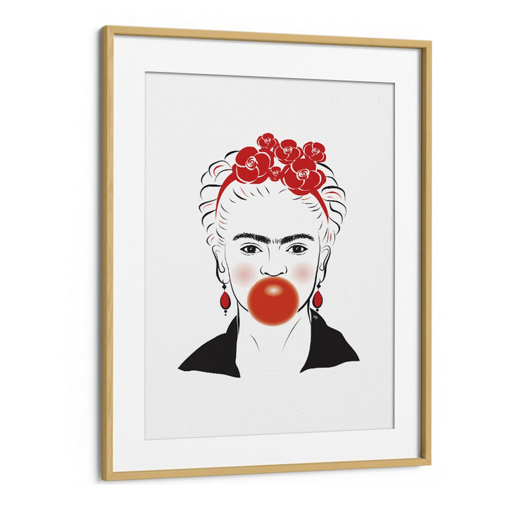 Frida In Red by Martina Fashion Art Artwork in Oak Wood Frame With Mount
