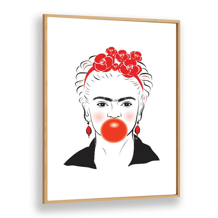 Frida In Red by Martina Fashion Art Artwork in Oak Wood Plain Frame
