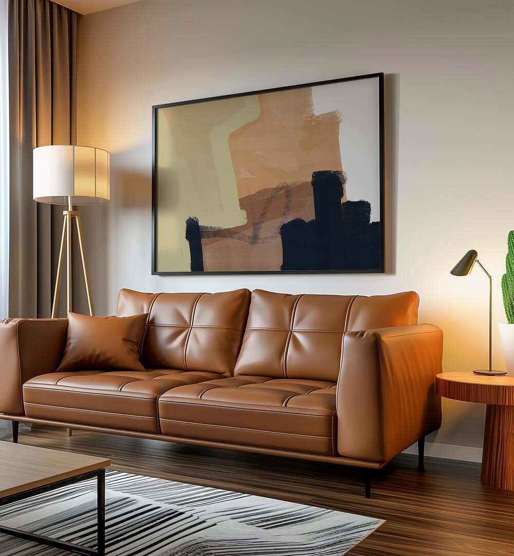 Stylish living room featuring FROZEN ABSTRACT NO III, ABSTRACT PAINTINGS, enhancing modern decor with earthy tones.