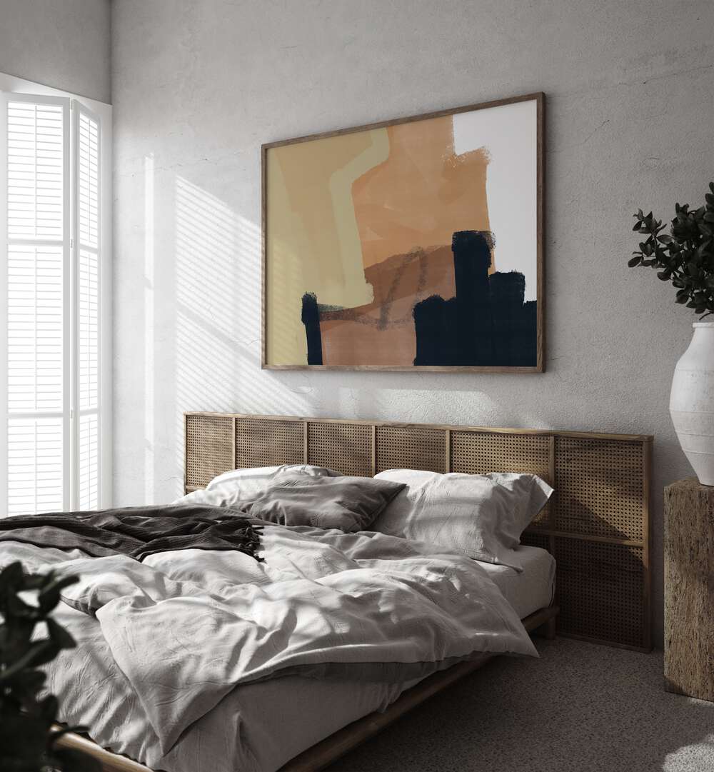 Stylish bedroom featuring FROZEN ABSTRACT NO III, ABSTRACT PAINTINGS, enhancing modern decor with warm hues.