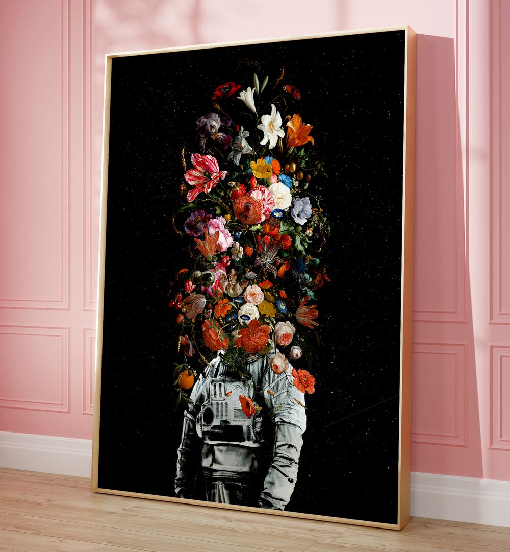 Full Bloom By Francis Minoza Astronaut & Nasa Paintings, Space Art Prints Artwork in Oak Wood Plain Frame placed near a Pink Wall in the Drawing Room