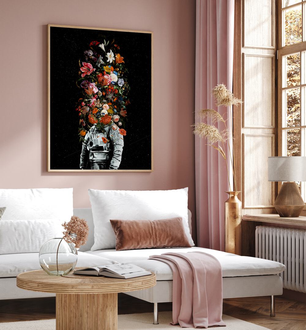 Full Bloom By Francis Minoza Astronaut & Nasa Paintings, Space Art Prints Artwork in Oak Wood Plain Frame placed on a Pink Wall in the Living Room