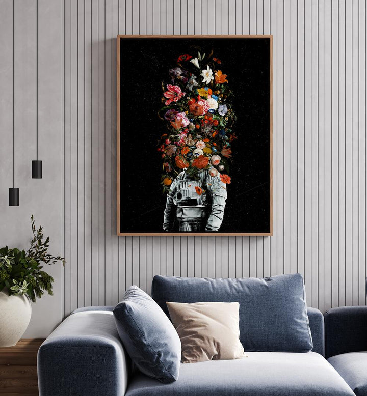 Full Bloom By Francis Minoza Astronaut & Nasa Paintings, Space Art Prints Artwork in Oak Wood Floater Frame placed near a Blue Sofa in the Living room