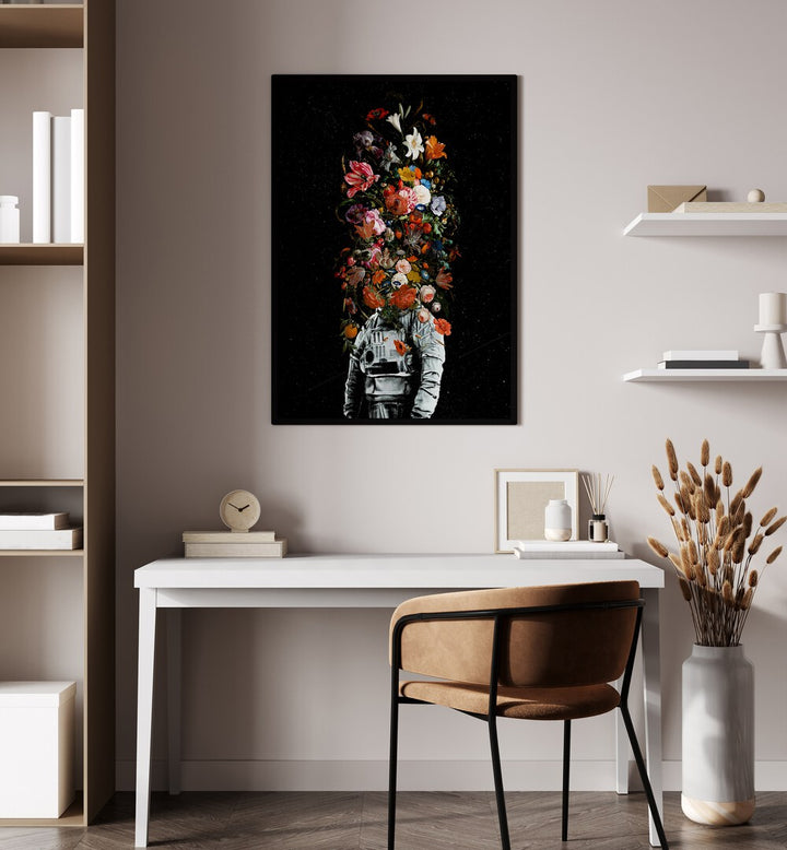 Full Bloom By Francis Minoza Astronaut & Nasa Paintings, Space Art Prints Artwork in Black Plain Frame placed on a White Wall near the Working Space