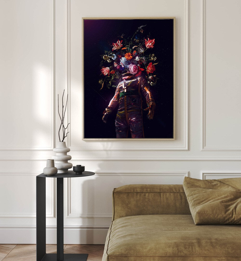 Full Bloom II By Francis Minoza Astronaut & Nasa Paintings, Space Art Prints Artwork in Oak Wood Floater Frame placed in the Living Room