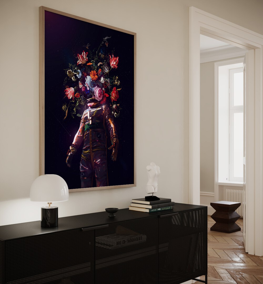 Full Bloom II By Francis Minoza Astronaut & Nasa Paintings, Space Art Prints Artwork in Oak Wood Plain Frame placed on a Wall near a console Table in the Living Room