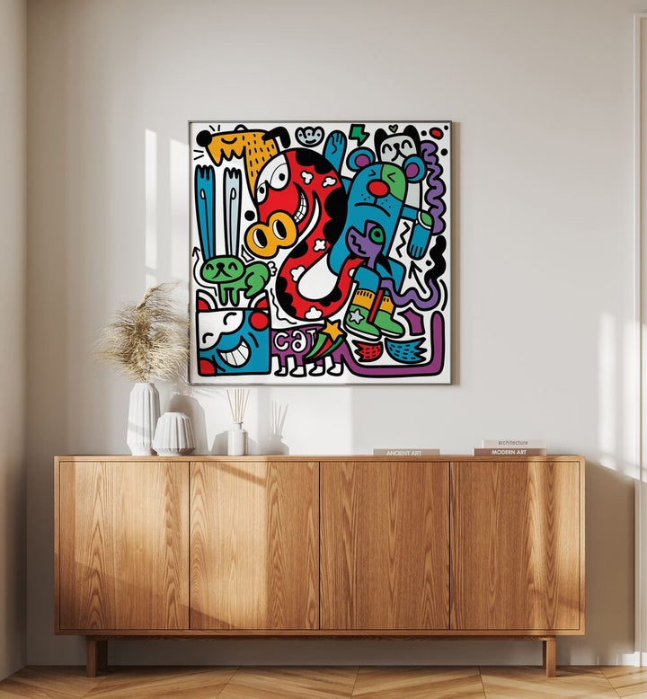 Funky Animals Doodle Art Comic Art Artwork in Black Plain Frame Placed on a White Wall Above a wooden Console Table in the Drawing Room