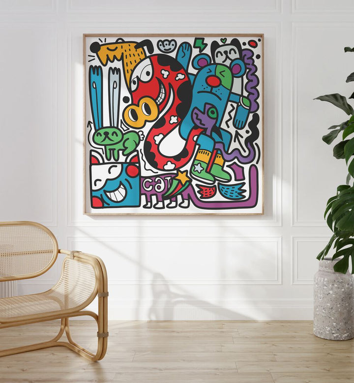 Funky Animals Doodle Art Comic Art Artwork in Oak Wood Plain Frame Placed on a White Wall in the Drawing Room