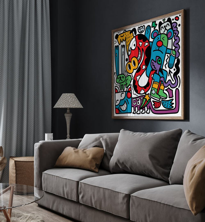 Funky Animals Doodle Art Comic Art Artwork in Oak Wood Plain Frame Placed on a Drak grey Wall Behind a Grey Sofa in the Living Room