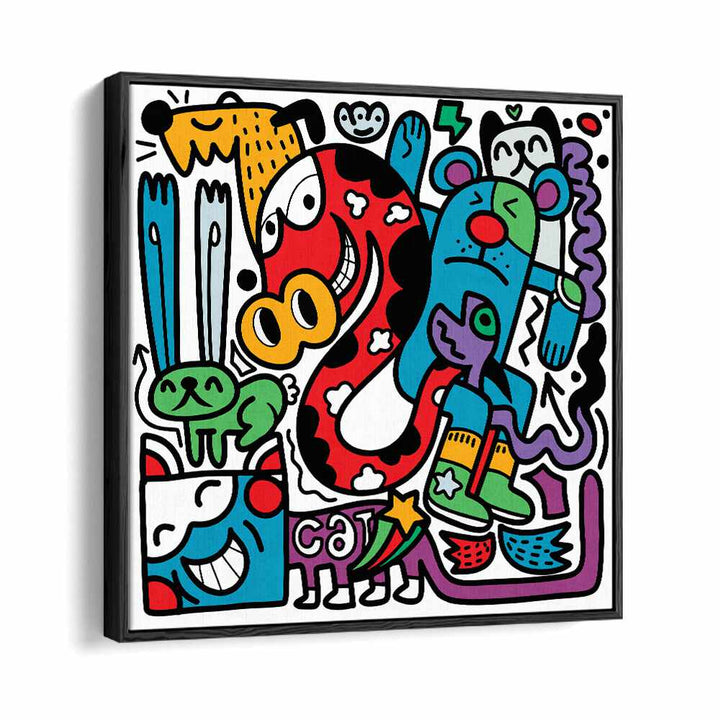 Funky Animals Doodle Art Comic Art Artwork in Black Floater Frame