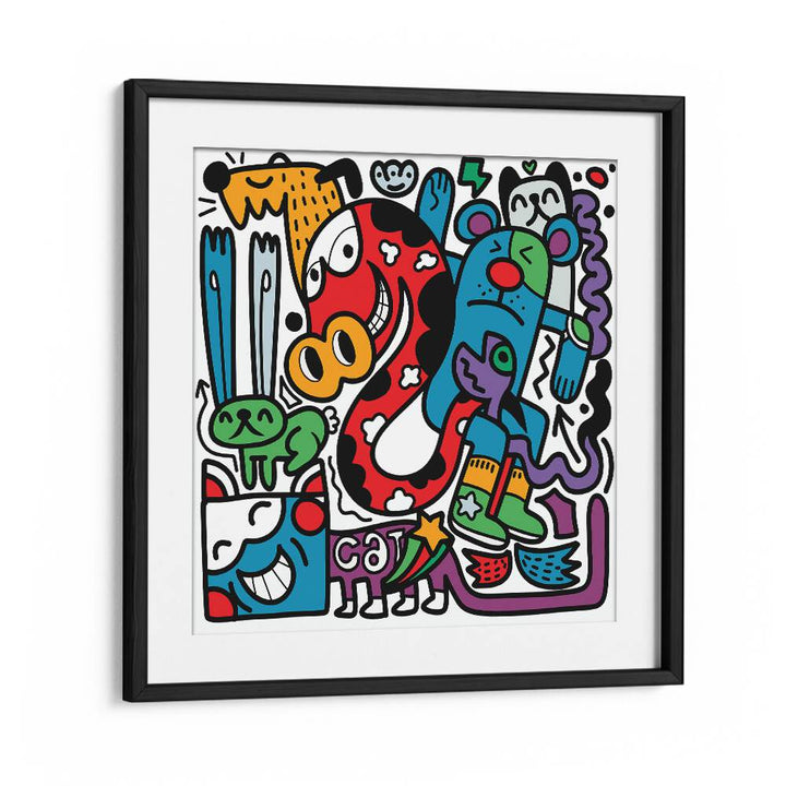 Funky Animals Doodle Art Comic Art Artwork in Black Frame With Mount