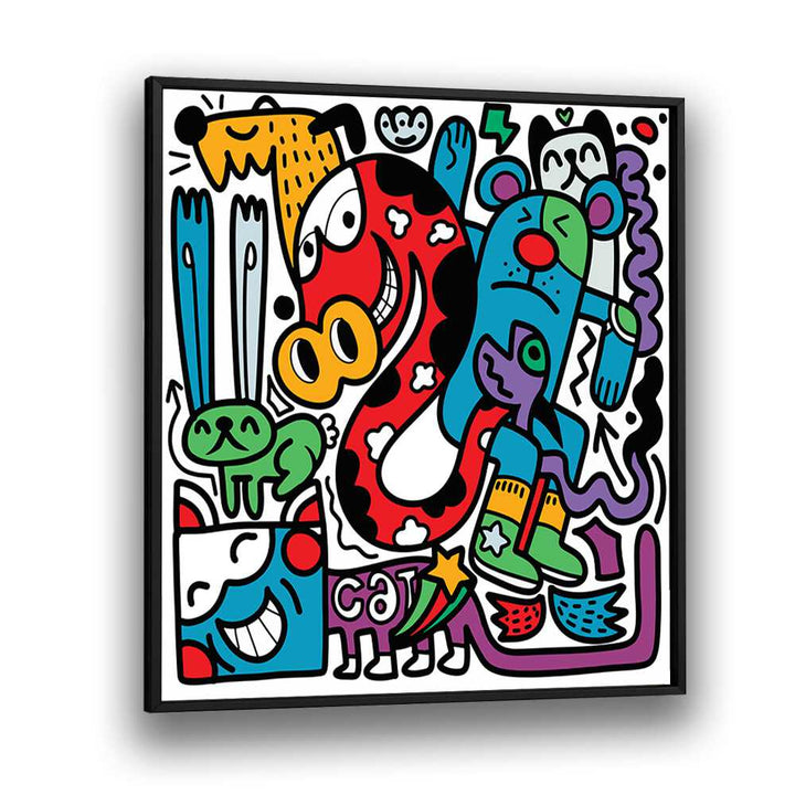 Funky Animals Doodle Art Comic Art Artwork in Black Plain Frame