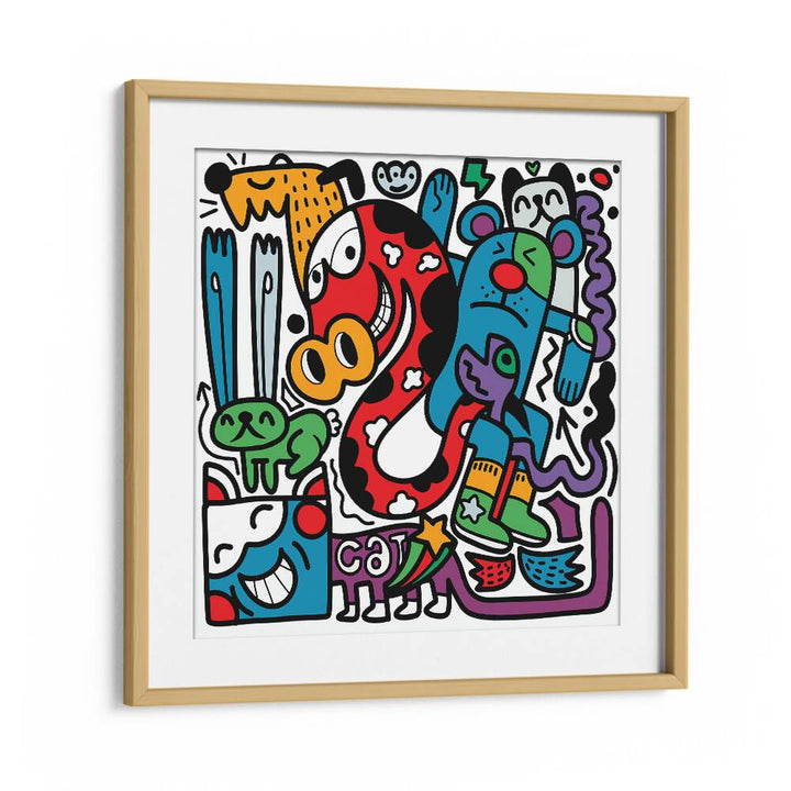 Funky Animals Doodle Art Comic Art Artwork in Oak Wood Frame With Mount