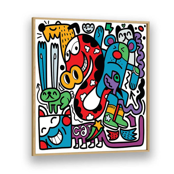 Funky Animals Doodle Art Comic Art Artwork in Oak Wood Plain Frame