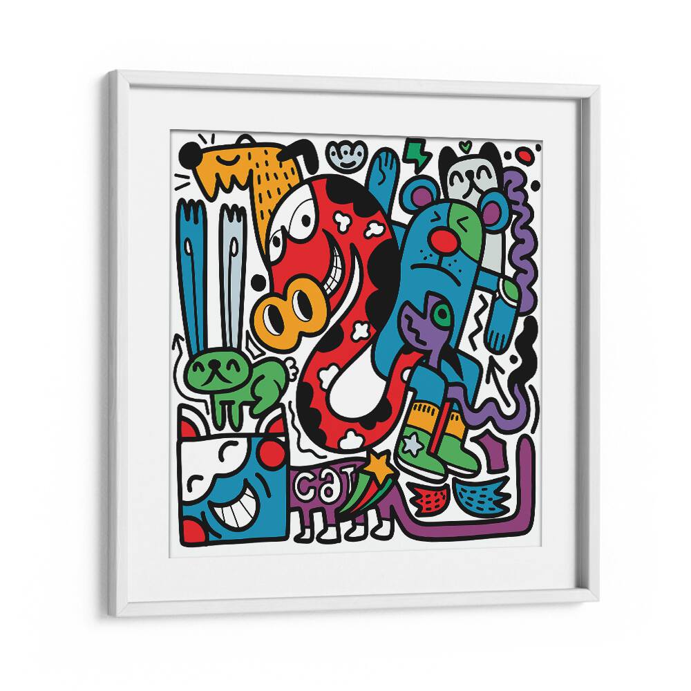 Funky Animals Doodle Art Comic Art Artwork in White Frame With Mount