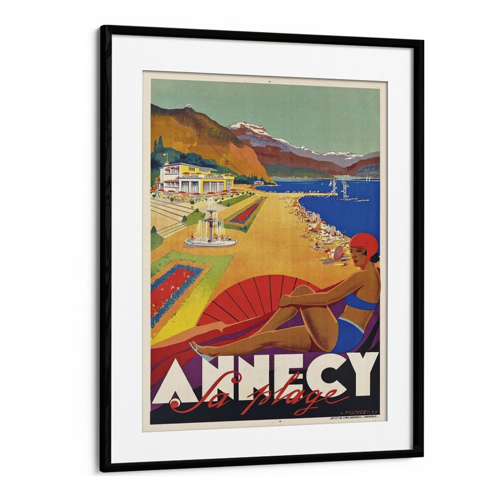 Fa Plage-Anncy Retro Vintage Travel Travel Posters in Black Frame With Mount