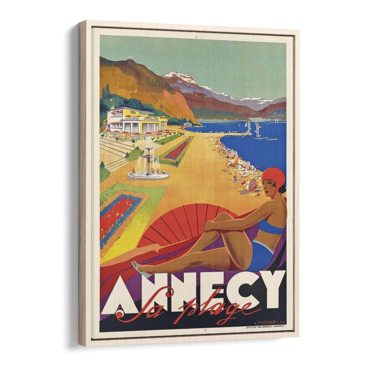 Fa Plage-Anncy Retro Vintage Travel Travel Posters in Oak Wood Floater Frame