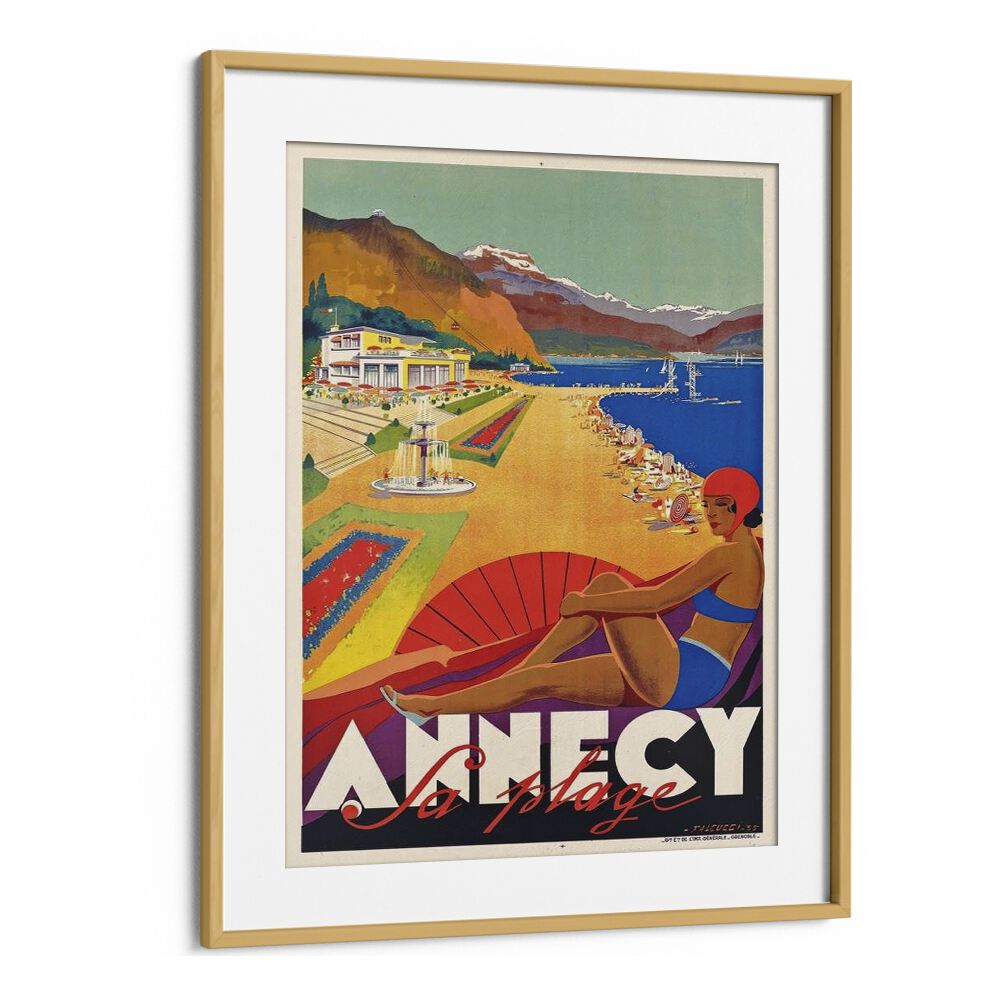 Fa Plage-Anncy Retro Vintage Travel Travel Posters in Oak Wood Frame With Mount