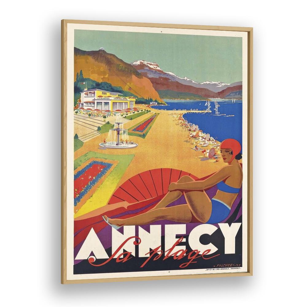 Fa Plage-Anncy Retro Vintage Travel Travel Posters in Oak Wood Plain Frame