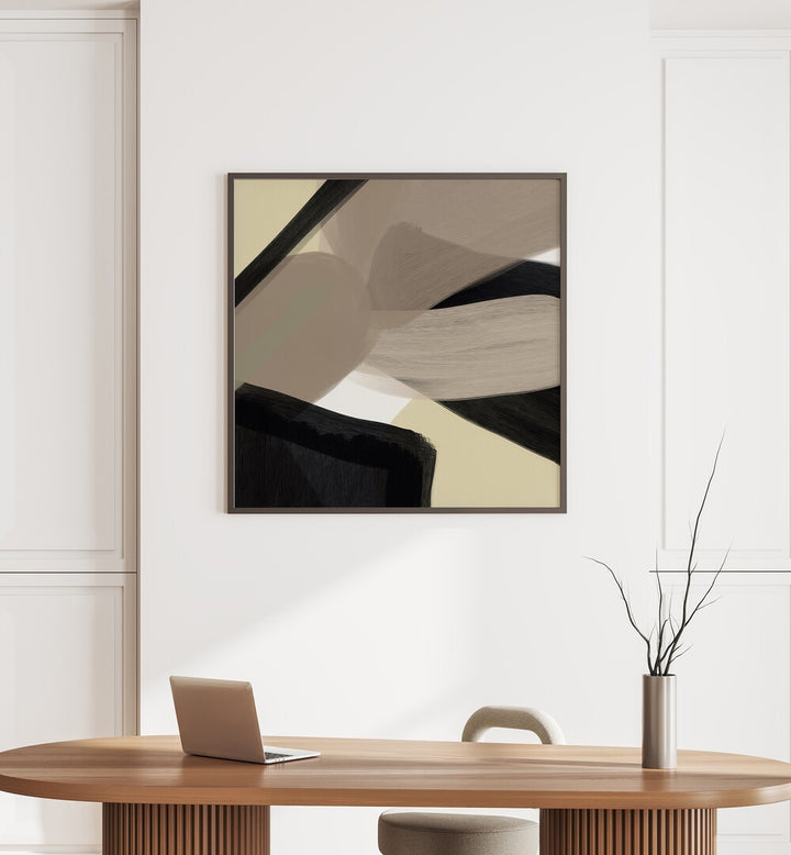 Fabula by Yopie Studio Abstract Paintings Abstract Art Prints in Black Plain Frame placed on the wall behind a study table