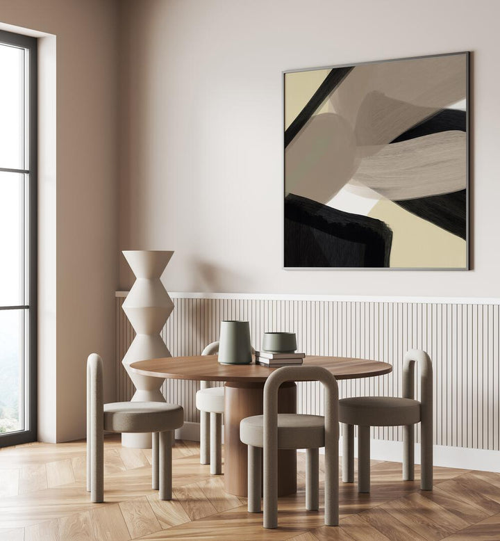 Fabula by Yopie Studio Abstract Paintings Abstract Art Prints in Black Plain Frame placed on the wall in a dining room area behind a dining table